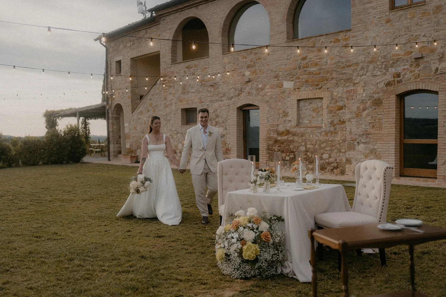 Elopement portrait of bride and groom at private dinner in tuscany Italy
